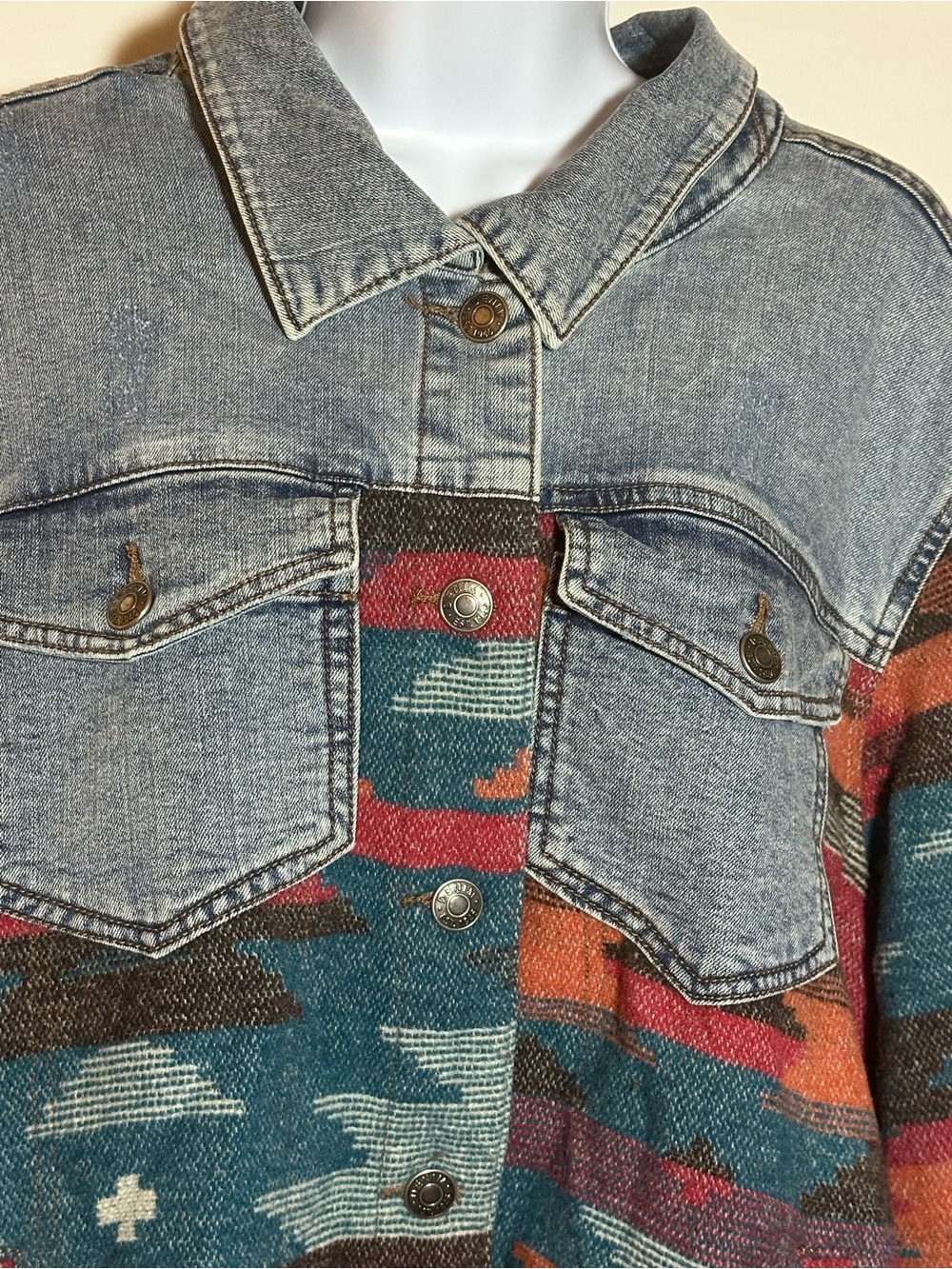 Denim-Trim Aztec Pattern Jacket - Teal & Rust - Picture 2 of 10